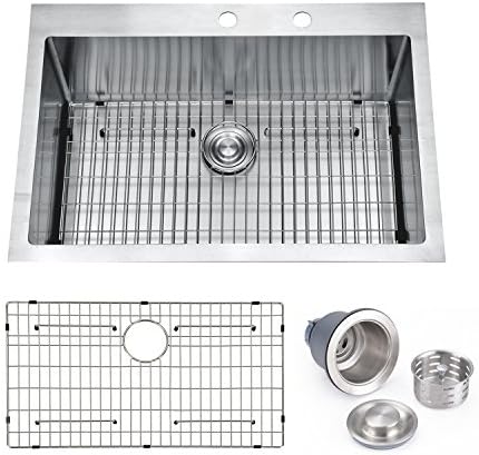 SINOGY 33"x22" Inches Stainless Steel Topmount / Drop-In Single Bowls Kitchen Sink 16 Gauge Round Corners With One Drainers and One bottom Grid, 16 Guage Extra Thick Desk