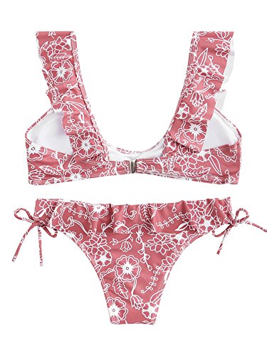 SOLYHUX Women's Flower Print Knot 2PCS Ruffle Strap Bikini Set Pink L