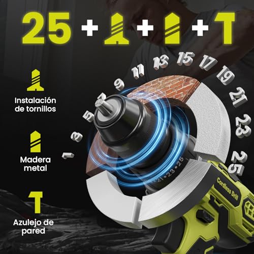 VIWKO 21V Battery Hammer Drill, 25+3 Adjustment Cordless Hammer Drill, 45NM Drill Driver Battery, 2x2.0Ah Batteries, 2 Speed, 10 mm Metal Drill Chuck, 29 Accessories, LED