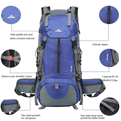 Seenlast 50L Unisex Travel Hiking Backpack Outdoor Sport Daypack Water-resistant Bag with Rain Cover for Climbing Camping Touring Mountaineering(Blue)