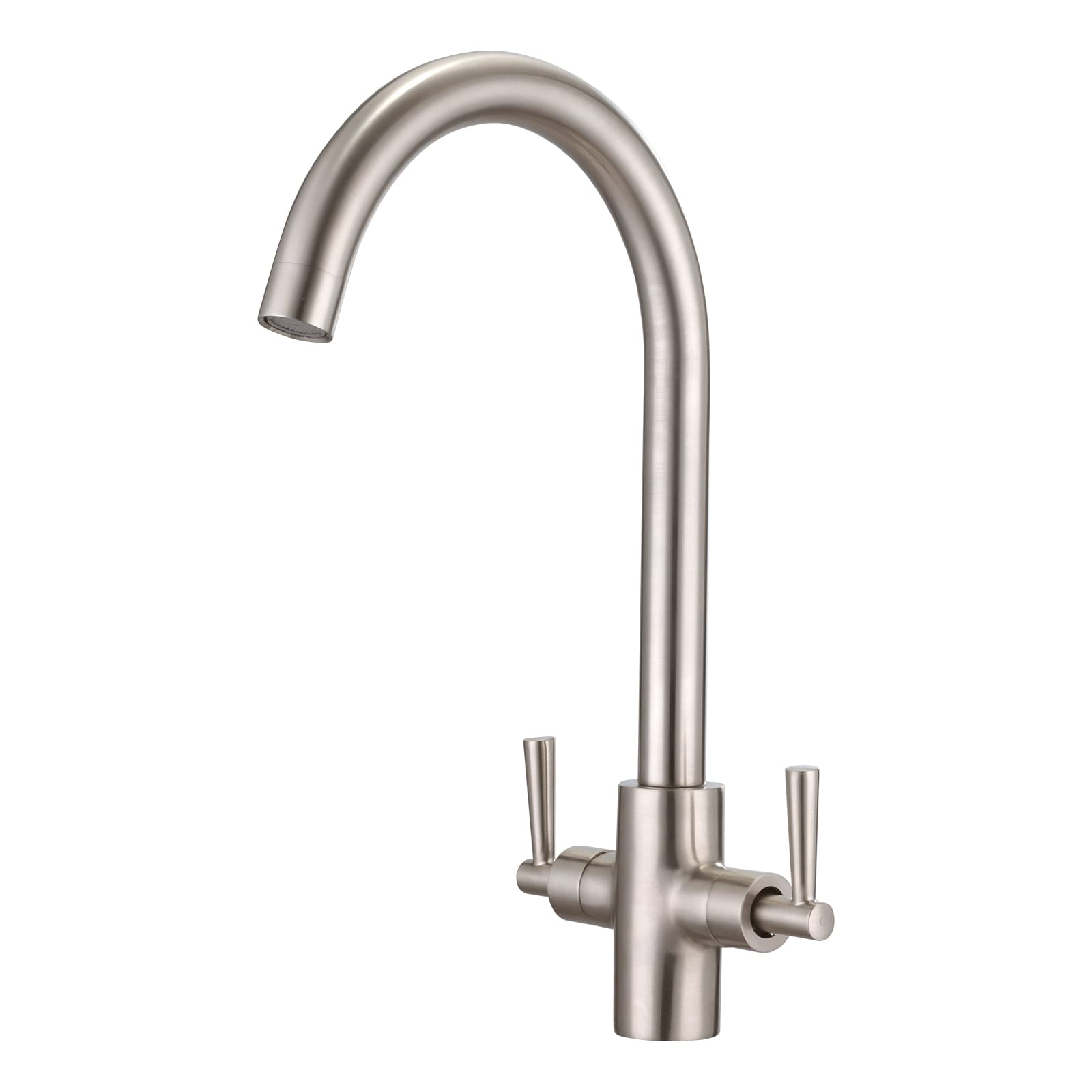 Peppermint Brushed Nickel Kitchen Tap Monobloc Dual Lever Kitchen Mixer Taps 1 Hole Brushed Steel Sink Taps Mixer Swan Neck Twin Lever Rustproof Stainless Steel Faucet