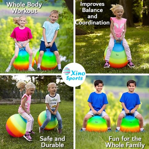 Xino Sports Hopping Ball for Kids - Rainbow Bouncy Ball with Handle, Fun Indoor and Outdoor Toy for Exercise & Play, Hopper for Jumping, Safe and Durable (18 Inch Diameter)