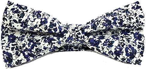 Men's Cream &amp; Blue Cotton Floral Print Wedding Banded Formal Novelty Bow Tie &amp; Gift Bag