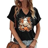 V Neck Fall Shirts for Women Pumpkin Graphic T Shirts Cute Halloween Tops Thanksgiving Tee