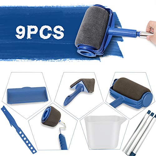 Paint Roller Brush Kit GOCHANGE 9PCS Wall Printing Brush kit With Paint Runner Pro Brush, Wall Printing Brush, 3 Telescopic Poles, Handle Flocked Edger Painting Walls And Ceilings For Home Office Room
