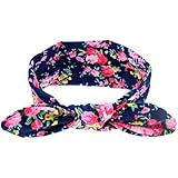 DZT1968® Baby Girl Floral Rabbit Ear Wide Turban Headband Head Wrap Knotted Hair Band (Dark Blue)
