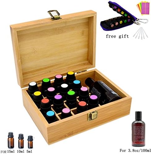 Natural Bamboo Wooden Essential Oil Box Holds 16 Bottles Essential Oil Bottles(5ml-15ml),1 Coconut Oil(3.8oz/100ml), with Essential Oils Key Chain, 10 Amber Glass Vials, Cap label stickers, Droppers