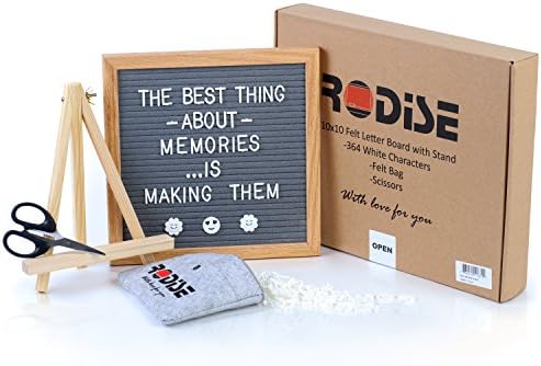 Grey Felt Letter Board With Scissors and 364 Letters - Emoji sign &amp; Numbers - Special Storage Bag - Wood Stand Changeable Message Boards - Oak Frame 10x10 inch - Wall Mount - Perfect Gift