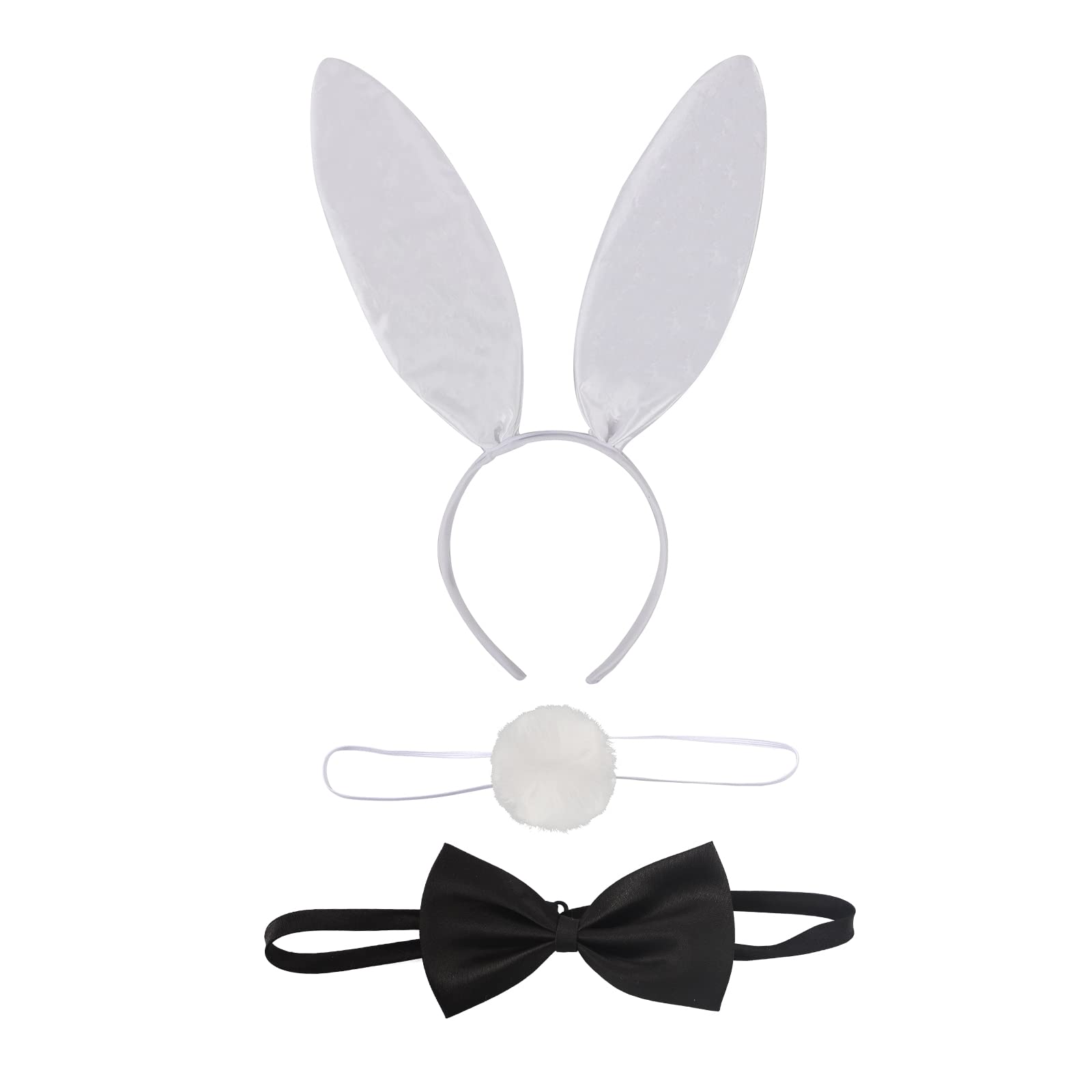 Rabbit Bunny Ears Headband Set With Bow Ties and Tail for Adults- Halloween Easter Fancy Dress Party Animal Cosplay Costume Prop Decoration Accessory