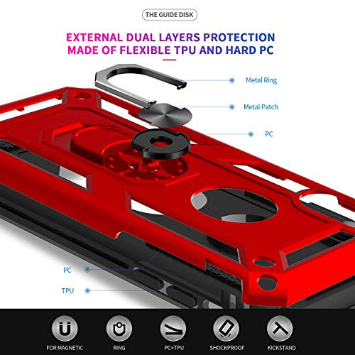 LeYi Compatible for iPhone XR Case with Tempered Glass Screen Protector [2 Pack], [Military-Grade] Defender Protective Phone Case with Magnetic Ring Kickstand for iPhone XR 10 10XR, Red