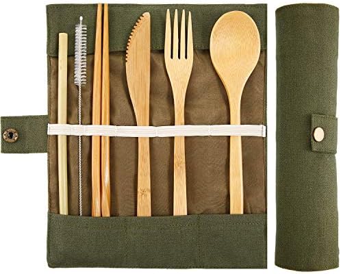 Bamboo Travel Cutlery Set, Eco Friendly Camping Flatware with Straw, Knife Fork Spoon Chopsticks,Organic Bamboo Utensils with Cotton Pouch for Camping, Picnic, Office and School Lunch (Green)