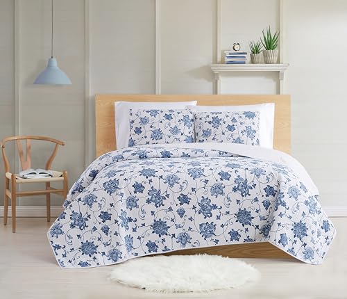 Cottage Classics Estate Bloom Blue Cotton 3-Piece Full/Queen Quilt Set, Floral…
