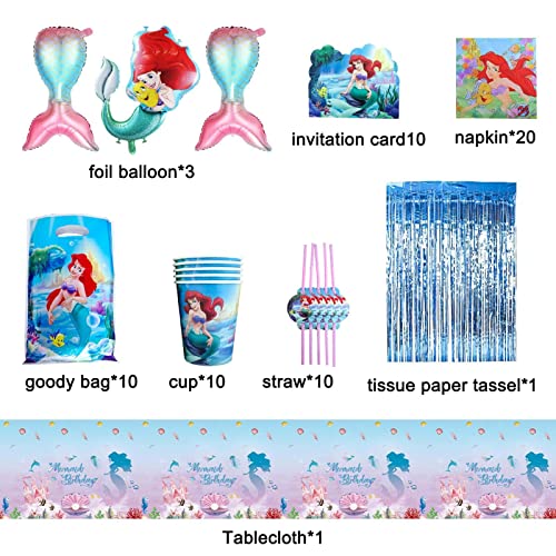 149 Pcs Little Mermaid Party Decorations for 10 Guests Include Banner,Cake Topper,Cupcake Topper,Latex Balloon,Tablecloth,Foil Balloon,Goody Bag, Nvitation Card,Dinner Dlate,Napkin,Tableware,Cup,Straw