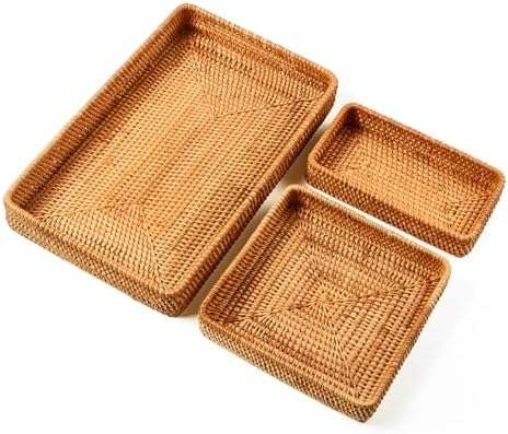 i-lan Set of 15 Rattan Woven Serving Tray Basket with MOP Wooden