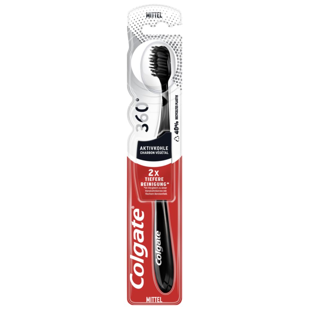 Colgate Toothbrush 360° Activated Carbon, Medium, 1 Piece – Manual Toothbrush Cleans Teeth, Tongue, Cheeks and Gums with Medium Hard Bristles Black
