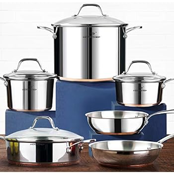 HOMI CHEF 10-Piece Nickel Free Stainless Steel Cookware Set Copper Band - Nickel Free Stainless Steel Pots and Pans Set - Healthy Cookware Set Stainless Steel - Non-Toxic Induction Cookware Sets