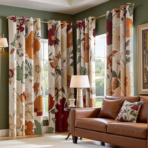 JINCHAN Lora Vintage Floral Blackout Curtains for Bedroom Mid Century Bohemian Room Darkening Drape Flower Patterned Curtains 84 Inches Long Grommet Window Drapes Set 2 Panels Beige