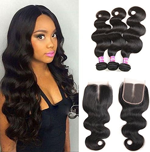 Ossilee Hair Body Wave Bundles with Clousre 4×4 Lace Cloaure with Bundles Malaysian Virgin Hair 3 Bundles with Lace Closure Unprocess Body Wave Hair Extentions (14 16 18+12 closure, Middle Part)