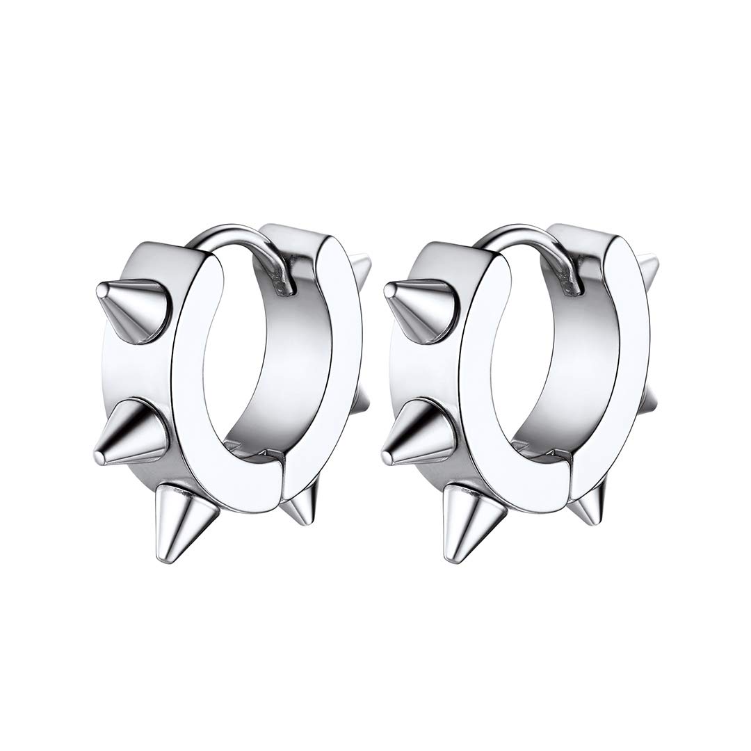 GoldChic Silver Stainless Steel Huggie Earrings for Men Spike Punk Small Hoop Pierced Hypoallergenic Earring Cool Men's Jewellery For Boys