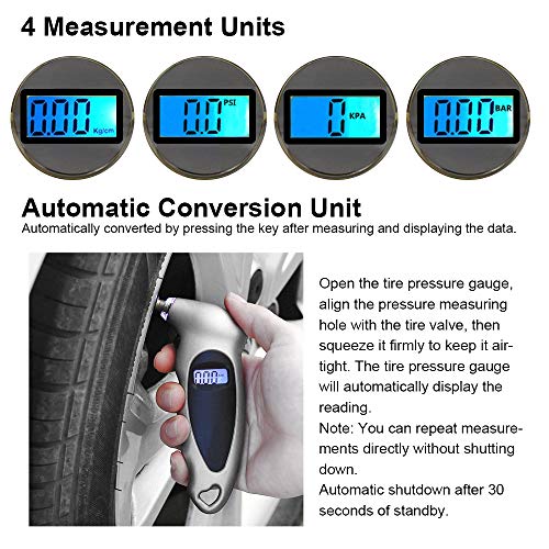 PEIFEITE Digital Tire Pressure Gauge Fast and Accurate Readings Backlight LCD Display 4 Ranges Settings with Non-Slip Grip Ergonomic Design Tire Gauge for Vehicle Motorcycle Bike - Thumbnail 3