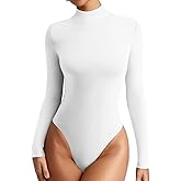 REORIA Women's Long Sleeve Bodysuits Mock Turtleneck Slim Tight Double Lined Basic Layering Body Suits Tops Fall Winter Outfits 2024(White Medium)