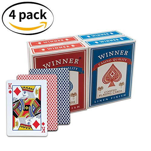 Winner 4 Deck Wide-Size Regular Index Casino Quality Black Core Linen Finish Coated Poker Playing Cards,Set of 4 decks (2 blue, 2 red)