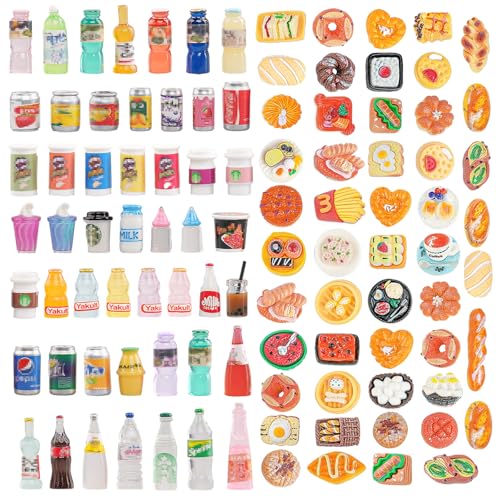100 Pcs Miniature Food Drink Bottles Soda Pop Cola Cans Pretend Play Kitchen Game Party Accessories Toys Cake Ice Cream for 1/12 Doll House Mixed Mini Resin Figures Favor Toy Dollhouse Decorations
