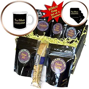 3dRose Alexis Design - American Cities Yellow on Black - New Orleans, Louisiana. United States patriot home town talisman - Coffee Gift Basket (cgb_322067_1)