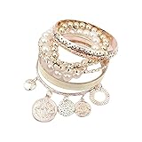 Ikevan 1 Sets Women Bracelet Korean Style Exquisite Coin Pearl Hollow Bracelet Jewelry Multilayer Bangle Wrap Cuff Gift for Women Girls (White)