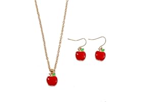 YOCOYEE Red Apple Necklace Earrings Set for Women Red Enamel Fruit Acrylic Green Apple Dangle Eearrings Student Teacher Back to School Jewelry