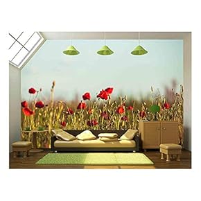 Poppies Field Over Blue Sky with Clouds - Removable Wall Mural | Self-Adhesive Large Wallpaper - 66x96 inches