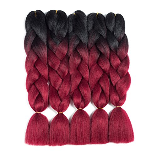 Synthetic Braiding Hair 5pcs Ombre Braiding Hair Extensions High Temperature 2 Tone T1B/Burgundy Color Jumbo Hair (5pcs, T1B/Burgundy)