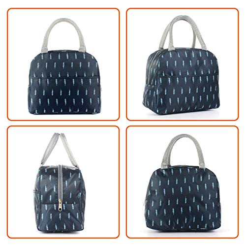 Lunch Bag,Reusable Insulated Lunch Bag Cooler Tote Box with Front Pocket Zipper Closure for Woman Man Work Picnic or Travel Blue White Feather (Style 2)