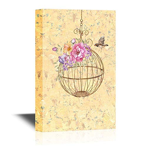 ZOE STORE Wall Print Art - Wall Poster Canvas Art - Bird and a Round Bird Cage with Flowers - Gallery Wrap Modern Wall Art, Stretched | Ready to Hang - 12" x 16"