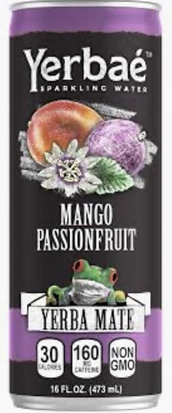 YERBAÉ MANGO PASSIONFRUIT SPARKLING WATER (SIX 16 OZ CANS) ONLY 30 CALORIES PER CAN.