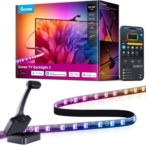 Govee Rétroéclairage TV LED 3 RGBWIC avec Double Caméra 4 MP, Ruban LED de 3,6m synchronisé avec l'écran pour TV 55-65", 60 LED/m, Filtre AI Cinéma, App & Voix, Compatibilité Matter/Alexa