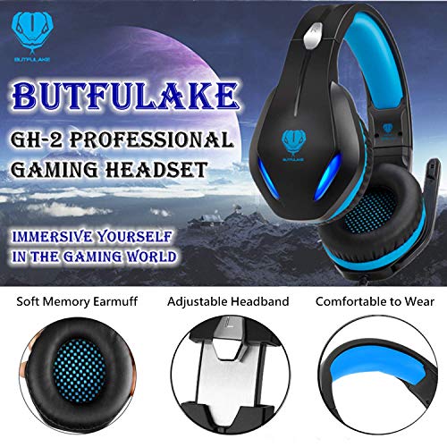 BUTFULAKE GH-2 Gaming Headset for Xbox One with Stereo Surround Sound, PS4 Headset with Noise Canceling Mic & LED Light, Over Ear Gaming Headphones for PC, Nintendo Switch, Mac, Laptop, Blue