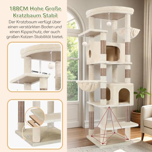Globlazer Cat Scratching Post Beige XXL 188 cm with 2 Extra Large Cat Houses 50 x 30 x 30 cm, Enlarge Platform Padded, 2 Cat Baskets, Sturdy Cat Tree Corner Tilt-Proof for Large Cats, Heavy (S74, Beige)