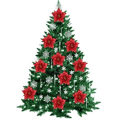 Outgeek 24 Pcs Poinsettia Christmas Flower Decoration and Icicles and Fixing Clip Set Christmas Glitter Artificial Flowers Red Christmas Tree Ornament