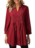 FARYSAYS Women's Casual Long Sleeve Blouse Button Down Solid Tunic Tops Burgandy X-Large