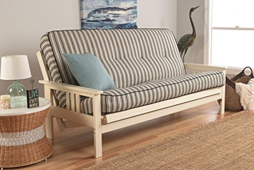 "MATTRESS and FRAME SET ONLY" Wooden Futon Monterey Arms Style Sofa Bed Couch Innerspring Mattress Cover Choices Buy Futons by Jerry Sales (Antique White Frame - Navy Stripe Fabric)