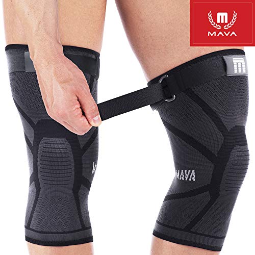 Mava Knee Sleeve - Knee Support with Adjustable Strap -Does NOT ROLL Down- Compression Knee Brace for Men & Women -Weightlifting, Running, Workout, ACL - Pain Relief - Check Sizing Chart - Pair (Best Knee Guard For Running)