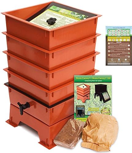 Worm Factory DS4TT 4-Tray Worm Composting Bin + Bonus What Can Red Wigglers Eat? Infographic Refrigerator Magnet - Vermicomposting Container System - Live Worm Farm Starter Kit for Kids & Adults