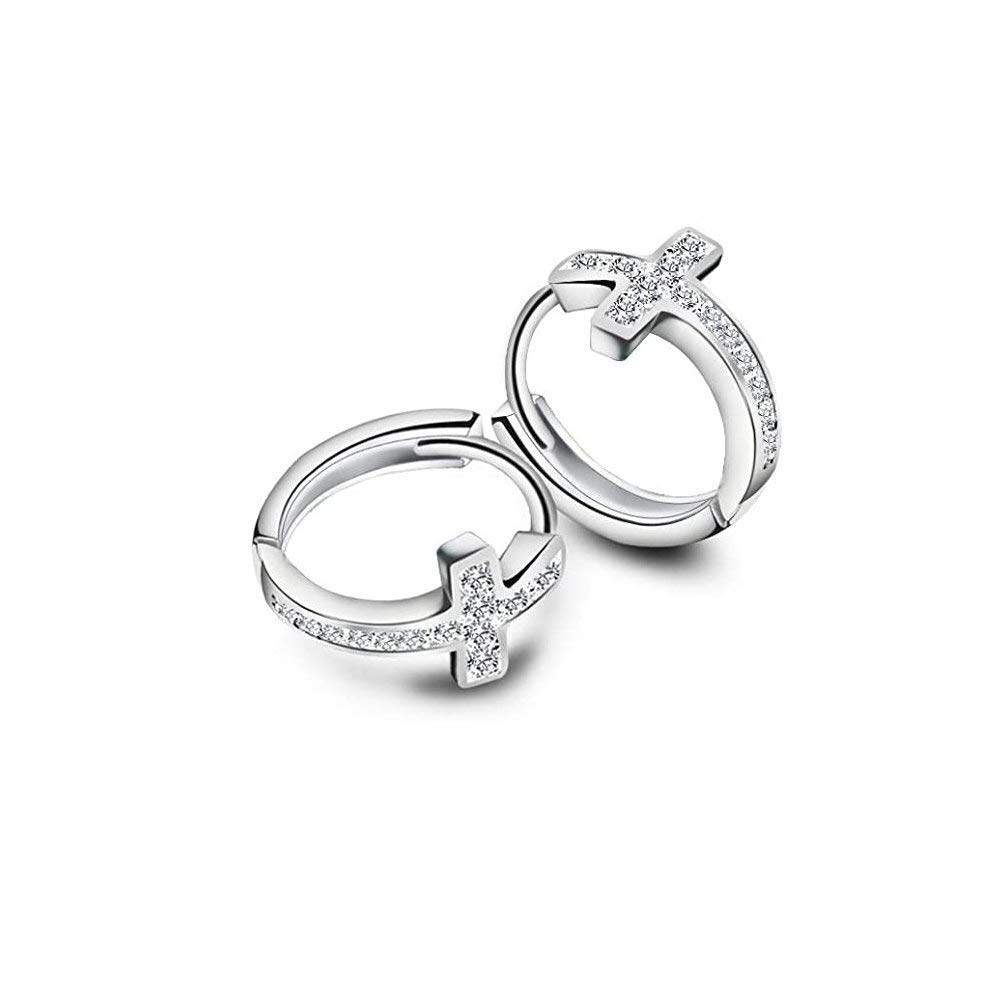 Cubic Zirconia Cross Small Hoop Earrings for Women Girls Sterling Silver Crystal Religious Tiny Huggie Hoops 12mm