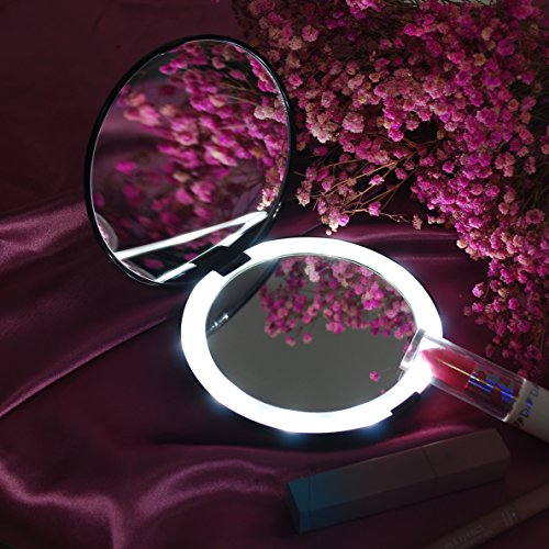 Lighted Travel Makeup Mirror, 1x/10x Magnifying Mirror, Handheld Folding Compact Mirror with LED Lights for Cosmetic, Camping, Personal Use and Travel