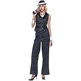 EraSpooky Women Gangster Costume Adult 1920s Pinstripe Suit, Include Sleeveless Jacket Pants Necktie Wristband Hat