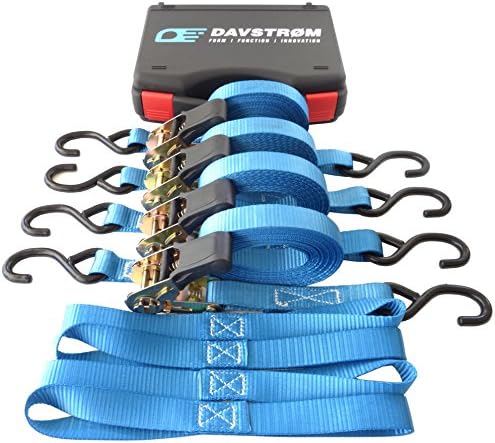 DAVSTROM Tie Down Strap, New Ratchet Kit, Heavy Duty Cargo Straps, 4x1"x15' + 4 Soft Loops + Carry Case [Certified 2200lbs Break Strength] Super Safe for Motorbike, Kayak, Camping, Moving. Great Gift