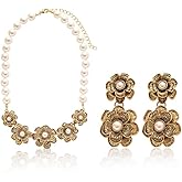 Faux Pearls Necklace Earrings Set, White Pearls Necklace for Women, Flower Earrings, Wedding Jewelry Sets for Women, Costume Jewelry for Brides