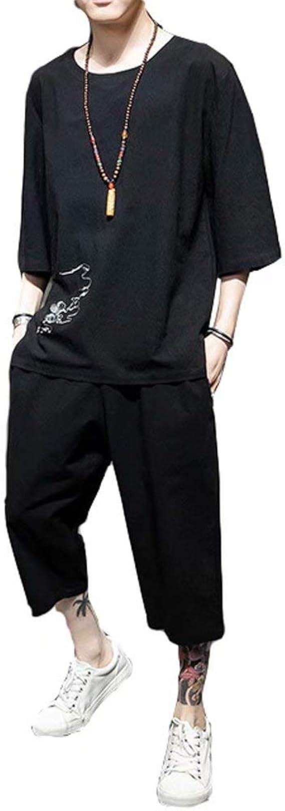 Amazon Tasahaya 上下セット メンズ ｔシャツ 刺繍柄 綿麻 五分袖 サルエルパンツ ハーフパンツ ロングパンツ 七分丈 セットアップ カジュアル 部屋着 和風 民族風 L ブラック Tシャツ カットソー 通販