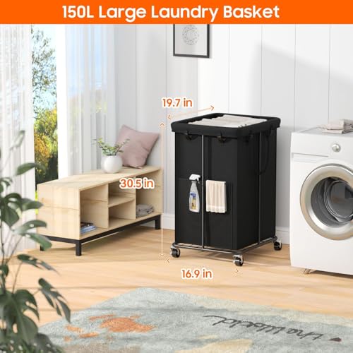 Rolling Laundry Hamper with Wheels – 150L Laundry Basket with Removable Bag & Sturdy Metal Frame, Large Tall Dirty Clothes Hampers for Bedroom, Laundry Room, Apartment, Dorm – Black